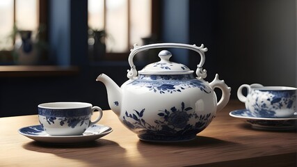 A photorealistic image depicting a teapot made of porcelain elegantly placed on a wooden table, showcasing it as a beautiful piece of tableware for a special event. The image focuses on capturing the 