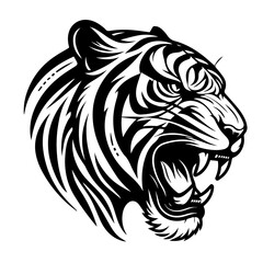 Fototapeta premium The head of a tiger that growls, a black and white abstract drawing of a tattoo emblem on a white background.