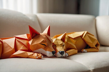 Two beautiful lazy origami paper dogs taking a nap peacefully on couch at home.