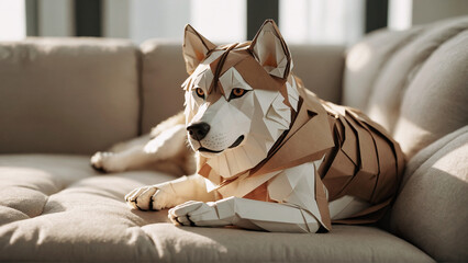 Beautiful origami paper Siberian Husky lying on couch at home.