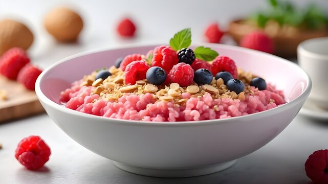 A photorealistic image of a colorful and sweet breakfast dish, featuring pink porridge carefully prepared and presented in a white bowl. The image captures the culinary culture and appetizing cuisine,