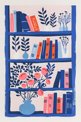 Aesthetic Illustration of books on a blue shelf with a small vase and flowers, minimalist simple composition. Creative Art design poster