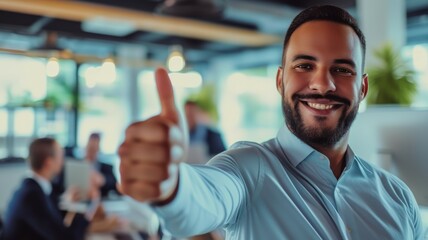Satisfied client in professional setting gives thumbs up