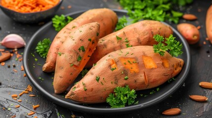 Plate of Boiled Sweet Potatoes, a Source of Tasty Good - obrazy, fototapety, plakaty