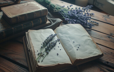 Lavenders laying next to an open vintage notebook with copy space.	
