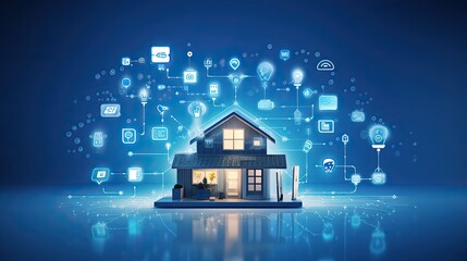 Smart home technology concept, house building with digits connected with icons of home smart devices, concept of system intelligent control house, IOT on blue background