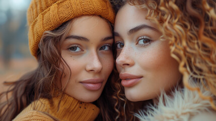 Obraz premium Photo of two young cute funny women friends outdoors in park make selfie looking camera