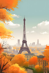 Paris in autumn. A landscape drawing with a beautiful city.