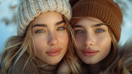 Fototapeta premium Photo of two young cute funny women friends outdoors in park make selfie looking camera