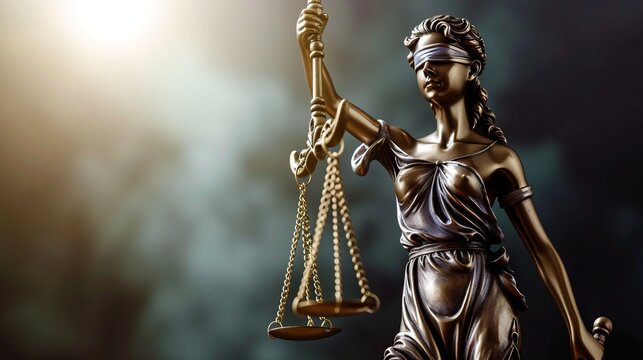 The statue of justice with closed eyes themis holds in her hands the metal scales of justice with copyspace