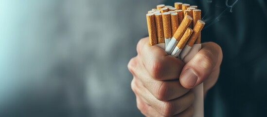 Close up man's hand squeezing a pack of cigarettes, concept of the harm of smoking to health and quitting smoking - obrazy, fototapety, plakaty