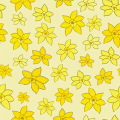 Hand drawn daffodils scattered in different shades of yellow on light yellow background vector repeat pattern