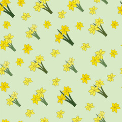 Hand drawn daffodils in cartoon style on light green background vector repeat pattern