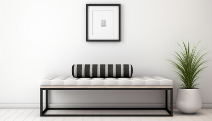 Black and white striped bolster pillow on a white leather bench against a white wall with a black picture frame and a potted floor plant - obrazy, fototapety, plakaty