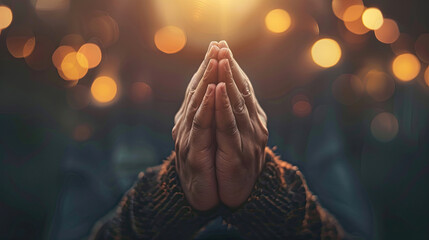 Praying hands with faith in religion and belief in God on dark background