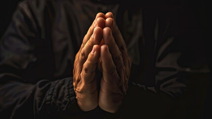 Praying hands with faith in religion and belief in God on dark background
