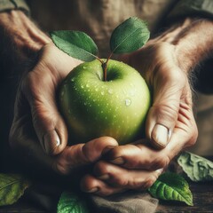 Elderly man holds a green apple in his hand