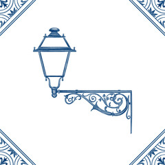 Vintage street lamp side view. In the streets of an old European city. Watrcolor illustration. Element of azulejo tiles. For stickers, stationery, textiles.