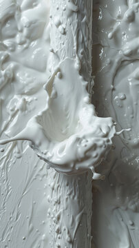 A white tube of toothpaste is splattered with white paint. The tube is bent and the paint is dripping out of it