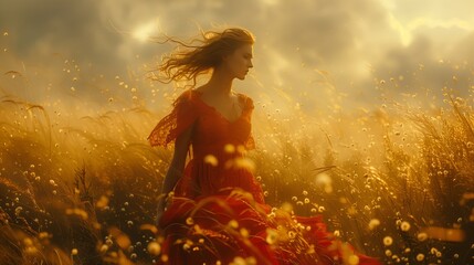 a woman in a red dress is walking through a field of tall grass - obrazy, fototapety, plakaty