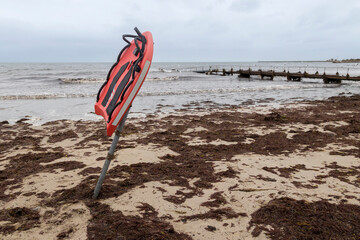 Beach after flood storm in Vallensbaek Denmark 20 October 2023 Koge bugt,