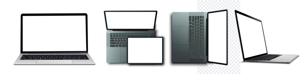 Versatile Laptop Set: Open, Closed, and Side Views transparent screen isolated. A collection showcasing various positions of a modern laptop, perfect for detailed product mock-ups and tech displays.  - 782128054