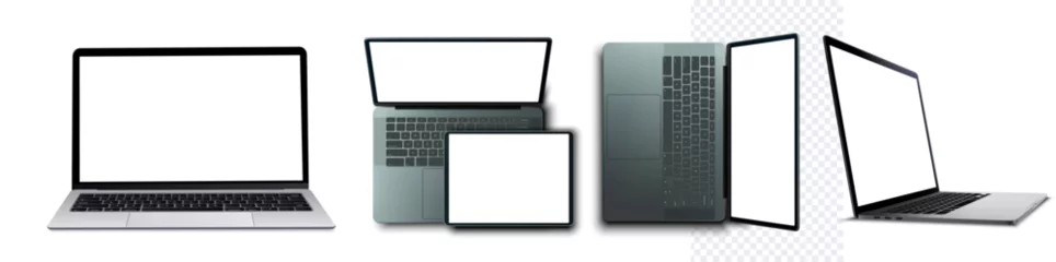 Foto op Plexiglas Versatile Laptop Set: Open, Closed, and Side Views transparent screen isolated. A collection showcasing various positions of a modern laptop, perfect for detailed product mock-ups and tech displays.  © ZinetroN