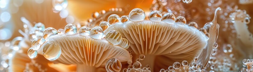 A macro shot of water droplets clinging to the intricate patterns of a mushroom cap