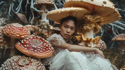 A fashion photo shoot inspired by mushrooms with models wearing outfits that mimic fungal forms and textures - obrazy, fototapety, plakaty