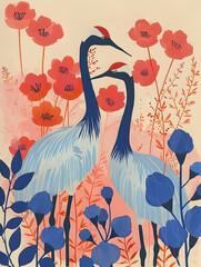 Beautiful art poster with of elegant crane birds in Japanese style