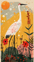 Beautiful art poster with of elegant crane birds in Japanese style