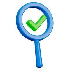 Magnifying glass with a check mark. Find the answer to the question, fix the error. 3D render illustration in cartoon style. Transparent background, isolation.