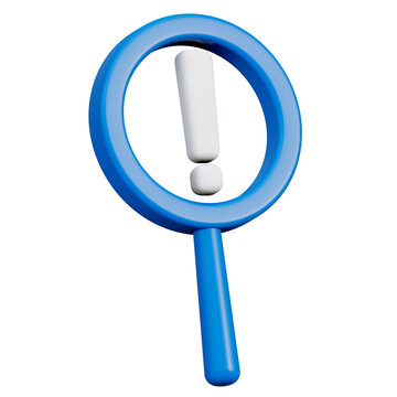 A magnifying glass with an exclamation mark. Finding problems and errors in the data. 3D render illustration in cartoon style. Transparent background, isolation.