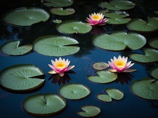 Pink, yellow water lilies bloom amidst sea of green lily pads floating on dark, serene waters of pond. Each petal, kissed by sunlight.