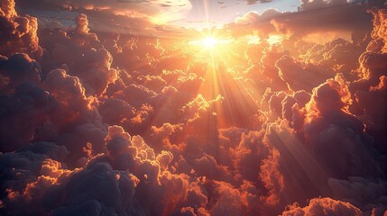 Glowing rays of sunlight breaking through clouds in a dramatic - obrazy, fototapety, plakaty