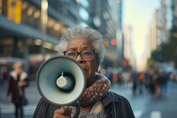 Senior old African American woman stands with a loudspeaker in her hands and says something loudly to the street crowd at a rally. Concept of women's freedom of speech, women's rights - 782129292