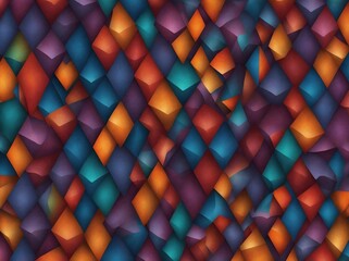 Mesmerizing array of geometric shapes creates vibrant, dynamic pattern. Each shape meticulously rendered with gradients of rich, saturated colors ranging from deep purples to radiant oranges. - obrazy, fototapety, plakaty
