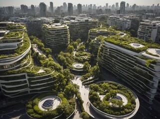 Modern cityscape unfolds, where architecture, nature intertwine seamlessly; multiple buildings with unique design that incorporates greenery on every floor dominate scene. These structures.