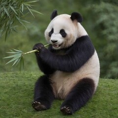 Obraz premium Giant Panda Enjoying A Fresh Bamboo Meal Amidst Lush Greenery. Panda Eats