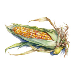 Illustration watercolor of corn, on transparent background with png file. Cut out background.