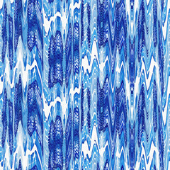 Indigo ikat dye stripe marled seamless pattern. Asian style wavy distort weave print in modern blue white. - 782129865