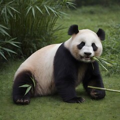 Fototapeta premium Giant Panda Enjoying A Fresh Bamboo Meal Amidst Lush Greenery. Panda Eats