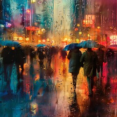 An abstract depiction of city people in the autumn night rain, creating a background reminiscent of the fall and winter seasons. 