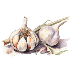 Illustration watercolor of garlic, on transparent background with png file. Cut out background.