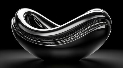 A silver bowl with a curved edge. The bowl is shiny and has a metallic look. It is placed on a dark background