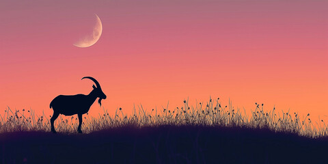 Silhouette of a mountain goat with crescent moon to the left, night  landscape for Islamic theme