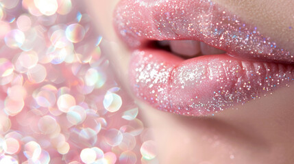 A woman's lips are covered in glitter. The glitter is pink and sparkly. The lips are the main focus of the image - obrazy, fototapety, plakaty