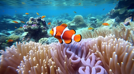 Naklejka na ściany i meble Vibrant underwater ecosystem: Clownfish swims peacefully among coral reefs