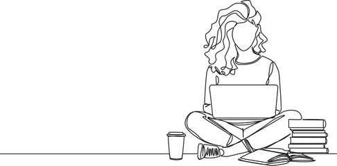 continuous single line drawing of female college student using laptop computer on her lap, line art vector illustration - obrazy, fototapety, plakaty