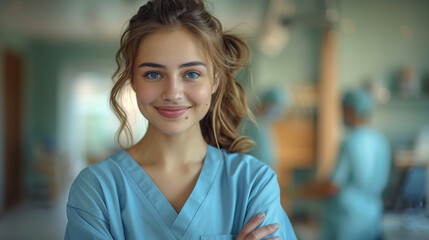 Photo of young woman happy positive smile folded hands intern medic isolated over teal color background.